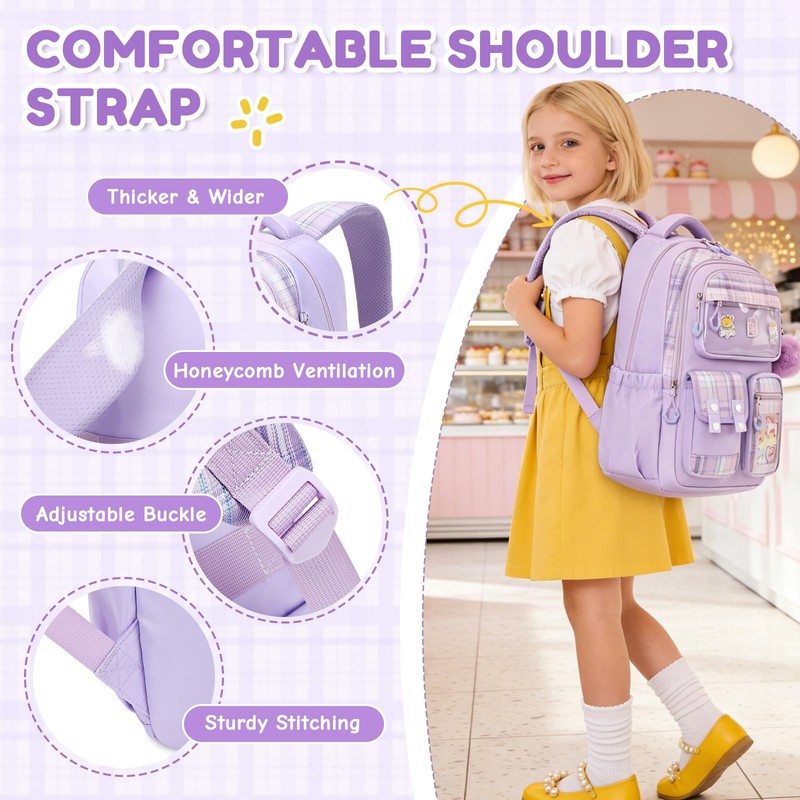 QIXIHU Kids Backpack for Girls, Bookbag for Elementary Students Kawaii