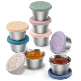 [8 Pack] Salad Dressing Container To Go, 2.4oz Small Condiment Containers with Leakproof Silicone Lids, Reusable Stainless Steel Sauce Cups for Lunch Bento Box, Picnic and Travel