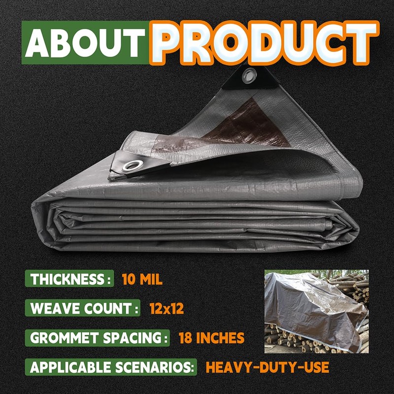 RAINDEWAY Tarps Heavy Duty Waterproof 15x15 Feet, 10Mil Multipurpose Poly