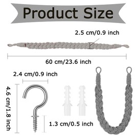 2 Pcs Curtain Tiebacks - Decorative Window Drape Tie Curtain Swag Holder Strap - Woven Rope Curtain Holdbacks Weave Side Rope Metal Hook - for Home Bedroom Office Kitchen(Light Grey)