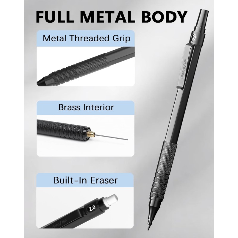 Nicpro Black Metal 2.0 Mechanical Pencil Set with Case, 3