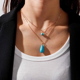 Inateannal Boho Layered Turquoise Pendant Necklace Gold Turquoise Choker Necklace Teardrop Turquoise Chain Necklace Blue Stone Pearl Necklace Jewellery for Women Girls, Zinc, No Gemstone