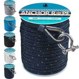 Anchor Rope 100 Ft 3/8 in, Double Braided Anchor Line with 316 Stainless Steel Thimble & Shackle, Boat Marine Rope 3/8 in for Boats Up to 27' - Navy Blue