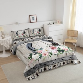 Rose Horseshoe Comforter Set Full Size Western Cowboy Adventure Bedding Set for Kids Boys Women Girls Room Decor,Rustic Farmhouse Quilted Duvet White Vintage Wooden Barn Duvet Insert 3pcs
