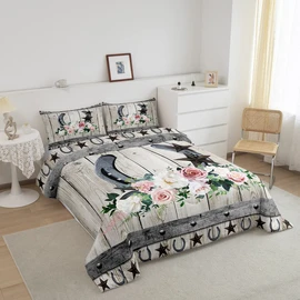 Rose Horseshoe Comforter Set Full Size Western Cowboy Adventure Bedding Set for Kids Boys Women Girls Room Decor,Rustic Farmhouse Quilted Duvet White Vintage Wooden Barn Duvet Insert 3pcs