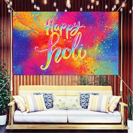 LOONELO Happy Holi Backdrop Banner with 70.8"X43.3", Hindu Colorful Powder Graffiti Handprint Pattern Photography Background Sign Decoration for Indian Festival Decor Photo Booth Studio Props