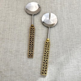 India Handicrafts Trellis Cut-Out Handle, Antiqued Gold/Silver Tone 11.2 Inch Stainless Steel Salad Server Set, 75082