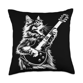 Cat Guitarist Guitar - Domestic Longhair Dad Mom Throw Pillow