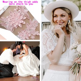 Taube Wedding Garter Set For Bride Stretchy Lace Leg Garter Floral Garters For Bride With Pearl And Rhinestones (Flower-Pink)