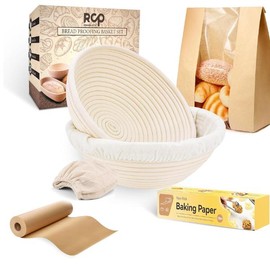 RCP Banneton Bread Proofing Basket Set of 2 with 8 Accessories - 9 Inch Round & 10 Inch Oval, Sourdough Starter Kit, Sourdough Bread Baking Supplies, Bread Lame, Dough Whisk, Scrapers Baking Gifts - Style: Round