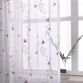 Taisier Home Floral Embroidered Sheer Curtains for Girls Room Purple Buds Retro Voile Curtain Panels for Bedroom Rod Pocket 2 Panels 52" W x 45" L,Curtain with Purple Flower and Coffee Branches