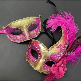 MasqStudio Couples Black Gold Masquerade Ball Mask Pair Feather Mardi Gras Party Valentines Gift for Her (Fuchsia Gold), 6X8