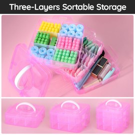 Segbeauty Sorting Boxes for Small Parts, 15 x 15 x 13 cm Storage Container with Lid, 3 Layers Ironing Beads Storage Box with Carry Handle, Screw Box Adjustable, Diamond Painting Case (Pink)