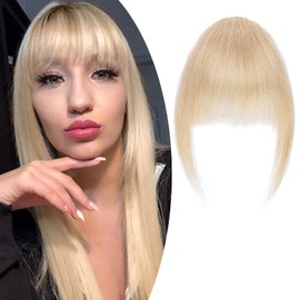 SEGO Clip in Fringe Real Human Hair Extensions Light French Bangs [#24 Natural Blonde] One Piece Remy Hairpieces for Women Straight Clip on Invisible Natural (9g)