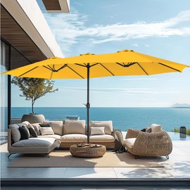 PHI VILLA 15ft Large Patio Umbrellas with Base Included, Outdoor Double-Sided Rectangle Market Umbrella with Stand, Outside Umbrellas for Poolside Lawn Garden, Golden Yellow