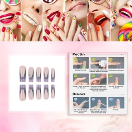 Rchovsam Long Square Press on Nails xl French Tip Fake Nails 3D Ripples Design False Nails Purple Gradient Stick on Nails Summer Full Cover Artificial Nails for Women 24pcs
