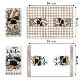 YMCAFZ Hello Winter Kitchen Dish Towels Set of 2, Brown Buffalo Plaid Pine Needle Hand Towel Drying Baking Cooking Cloth, Christmas Farmhouse Home Decor 18 x 26 Inches