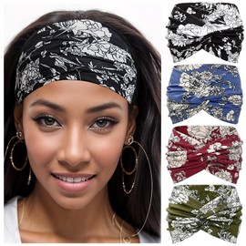 Dresyu Headbands for Women Non Slip Cross Yoga Headhand Bandana Stylish Wide Head Bands African Head Wraps Workout Hair Accessories 4 Pack