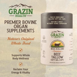 GRAZIN HEALTH Grass-Fed Beef Tallow Capsules – 3000 mg Per Serving | Pasture-Raised, Grass-Finished (New Zealand) | Non-GMO, No Fillers or Flow Agents | cGMP Manufactured | 30-Day Supply