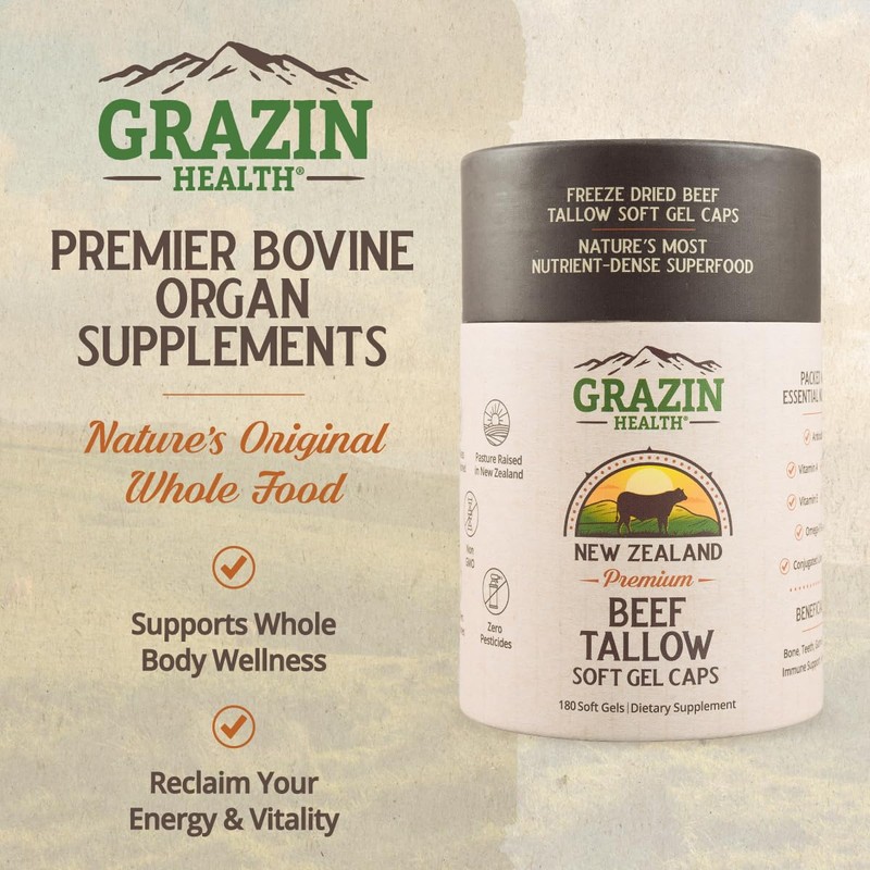 GRAZIN HEALTH Grass-Fed Beef Tallow Capsules – 3000 mg Per