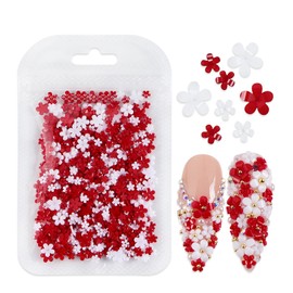 MOLILON 400Pcs Red Mixed 3D Flower Nail Charms for Nail Art, Cute Colorful Acrylic Flowers Nail Charms with Gold & Silver Caviar Beads for Women Manicure DIY Decorations