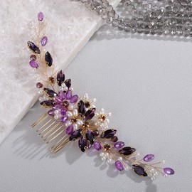 Wekicici Purple Rhinestone Pearl Headband Crystal Pearl Wedding Hair Comb Bridal Flower Headpiece for Bride Wedding Hair Acceessories for Women Crystal Hair Piece(Purple)