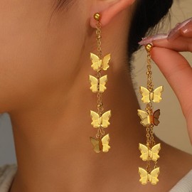 Butterfly Tassel Earrings for Women,Stainless Steel Long Butterfly Earring, Dainty Butterflies Drop Dangle Earrings,Valentine'S Day Mother'S Day Jewelry Gifts (gold-long)