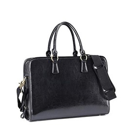 Kattee Genuine Leather Briefcase for Women, Large Capacity Laptop bag with Luggage Tag (Black)
