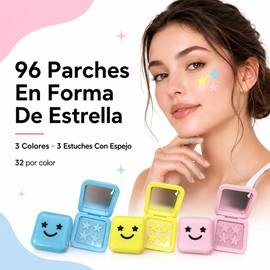 96 Parches para Acne, Parches Hidrocoloides en Forma de Estrella, 3 Cajas con Espejo, para Granos e Imperfecciones, Amarillo Azul y Rosa, Uso Diario y Viaje
