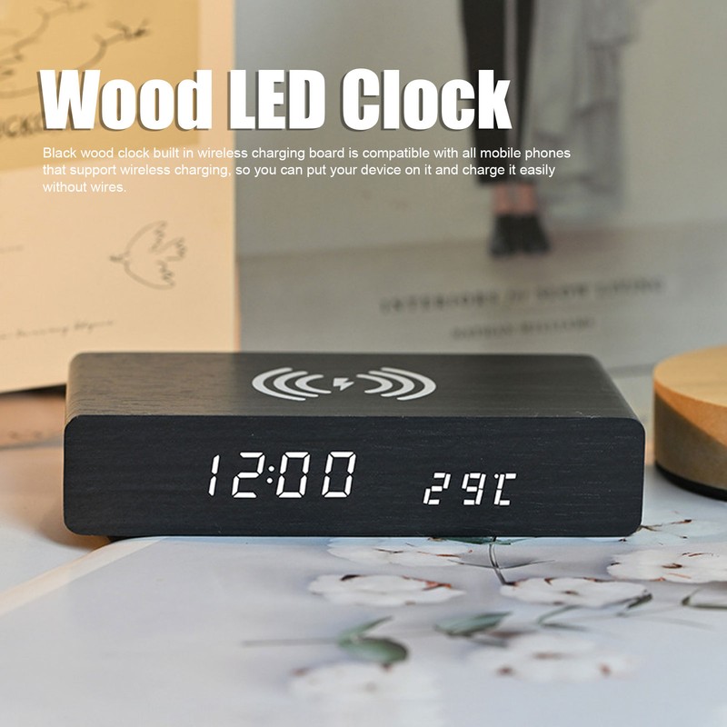 Black Wood Clock Digital Decoration White Light Wooden LED Clock