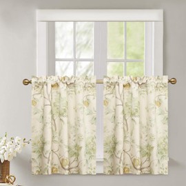 Leeva Rustic Kitchen Tier Curtains Green Floral Printed Linen Blended Half Window Curtain for Dining Room Rod Pocket Cafe Window Treatment Small Drapes, 2 Panels Set, 30 x 24 Inch