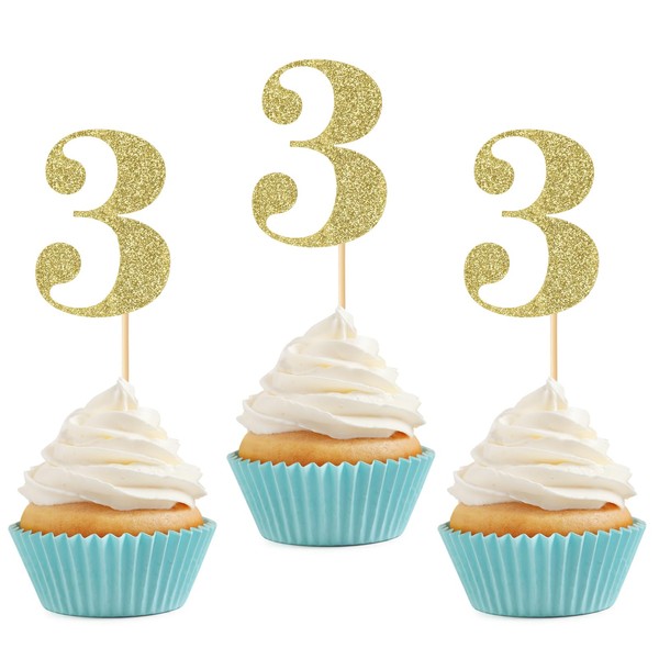 24 piezas de adornos para cupcakes de 3er cumpleaños, número 3, púas de purpurina para tartas de tercera edad, para aniversario, tercer cumpleaños, decoración de pasteles, suministros de decoración de pasteles, color dorado