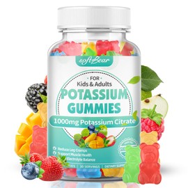 softbear Potassium Citrate Gummies, High Potency Potassium Citrate 1000mg Supports Leg Cramps & Muscle Health Potassium Gummies for Adults & Kids Mixed Fruit Flavor 60 Count