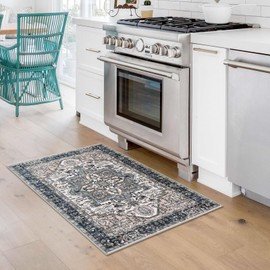 KOZYFLY Small Area Rug 2x3 Ft Rugs for Entryway Washable Boho Entry Rug Non Slip Door Mat Indoor Entrance Faux Wool Vintage Printed Kitchen Rug Throw Rugs for Entrance Kitchen, Black/Taupe/Beige