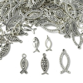 Stiesy 100 Pcs 5 Styles Jesus Fish Charms for Easter Antique Silver Christian Fish Jesus Pendant Cross Charms Bulk for DIY Bracelet Necklace Keychains Jewelry Making
