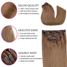ORIGEN Clip in Hair Extensions Real Human Hair Clips ins Remy Hair Extensions for Women Full Head Medium Brown 80g 16 Clips 7 Pcs 14 Inches