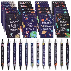 24 Set Space Ink Pens Astronaut Notebooks Bulk Galaxy Retractable Ballpoint Writing Pen Starry Sky Notepads for Solar System Planets Party Favor Students Classroom Gifts Office Back to School Supplies