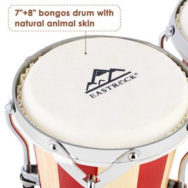 EastRock Bongo Drum 7" and 8" Set for Adults Kids Beginners Professionals Tunable Wood Bongos and Metal Drum Percussion Instruments with Bag and Tuning Wrench