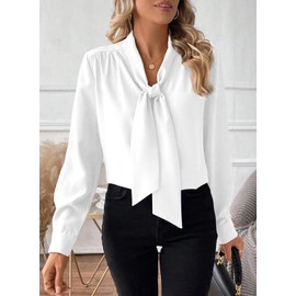 Astylish Women's Bow Tie Neck Long Sleeve Dressy Elegant Office Work Blouse Tops White Small
