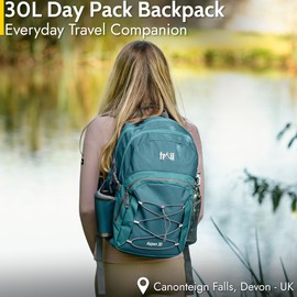 Trail Aspen 30L Day Pack Backpack for School Work Hiking Camping Travelling, Breathable Padded Back & Straps, 3 Zip Compartments, Internal Pockets, Bungee Cords, USB/Headphone Port, Water Resistant