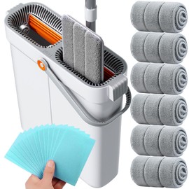 POPMOP 15.7" Flat Mop and Bucket Set with Wringer System | Wet Dry Floor Mop, 6 Reusable Microfiber Pads for Home, Tiny Home, Safe for Hardwood, Tile, Wall & Window Cleaning