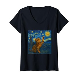 Womens Cat Starry Night Van Gogh Gift Bengal Cat Mom V-Neck T-Shirt