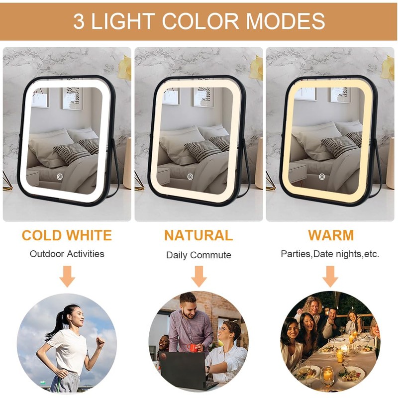 YEKKOPT Lighted Vanity Mirror, Rechargeable Travel Makeup Mirror with Lights,