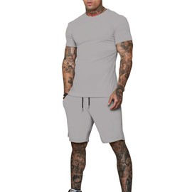 Uni Clau Mens Short Sets 2 Piece Outfits Fashion Summer Tracksuits Casual Shirt and Shorts Set Grey M