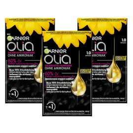 Garnier Olia 1.0 Black Permanent Hair Colour without Ammonia, with Nourishing, Natural Oils, Full Grey Hair Coverage, Permanent Colouration - 3 x 1 Piece.