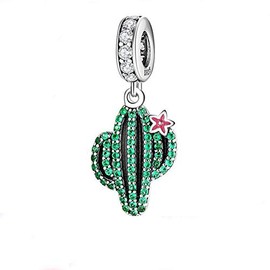Plants and Insects Charm 925 Sterling Silver Cactus Charm Flowers Beads Botany Charm for Bracelet & Necklace (Green Cactus & Pink Flower)