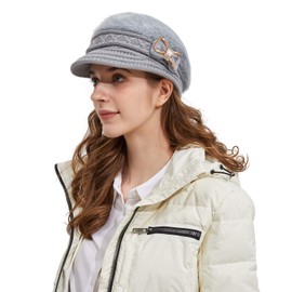 Surblue Lady Crystal Bow Warm Cabled Angora Knit Winter Beanie Crochet Beret Hats Newsboy Caps,Grey,One Size