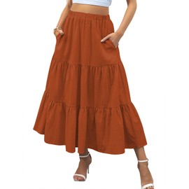 Zeagoo Skirt Women's Long High Waist Skirt Summer Maxi Skirt Elegant A-Line Long Skirt Casual Elastic Skirts with Pockets S-XXL, orange, M