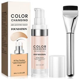 Colour Changing Foundation, Colour Changing Foundation Liquid with 1 Brushes, Colour Changing Face Primer Base Makeup 30 ml Lightweight Durable Smooths Fills Pores and Fine Lines Portable All Day