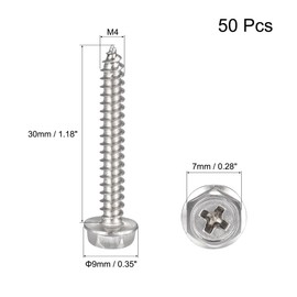 sourcing map Phillips Hex Washer Self Tapping Screws, M4 x 30mm 304 Stainless Steel Hex Flange Sheet Metal Screw 50pcs